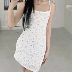 Sweet Girls Floral Print Sexy Spaghetti Straps Dress Women O Neck Bodycon Summer Mini Dreses Holiday Robe voguable