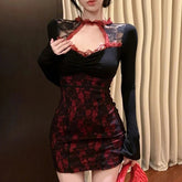 Voguable Hollow Out Lace Patchwork Sexy Dress Women Hotsweet Long Sleeve Slim Mini Dress Chic Korean Dark Academic V Neck Female Dress voguable