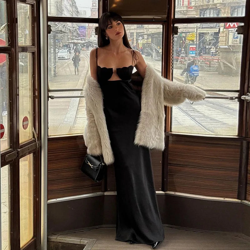 Satin Bandage Dress Women Hollow Out Sleeveless Slim Long Dresses Femme Summer Party Elegant Sexy Backless Dress Woman voguable