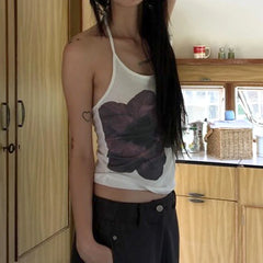 Voguable Vintage Flower Print Halter Top Women Y2K Aesthetic Sleeveless Tops Holiday Party Korean Style Coquette Sexy Camisole voguable