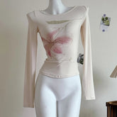Fairy Coquette Top Women y2k Clothing Rhinestone Floral Print Round Neck Long Sleeve T Shirts 2000s Clothes Streetwear voguable