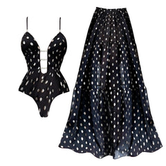 2Pcs Deep V One Piece Swimsuit With Long Skirt Women Sexy Swimwear Pearl Bikini Female Retro Bathingsuits Bodysuit Beachwear voguable