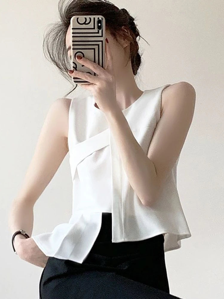 Fashion White Tanks Women Irregular Sexy Slim Sleeveless Tanks Tops Summer Korean Design Female Casual Elegant O Neck Tops voguable