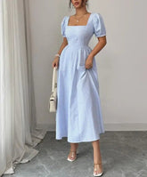 Voguable Spring/Summer New Women's Fashion Elegant Bubble Sleeve Blue and White Striped Dress Women's Wear voguable