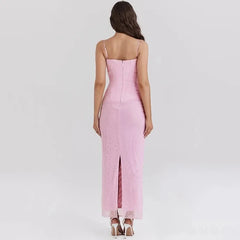Talenza Elegant Mesh Sexy Maxi Dress For Women Light Purple Fishbone Spaghetti Strap Sleeveless Backless Party Long Dress New voguable
