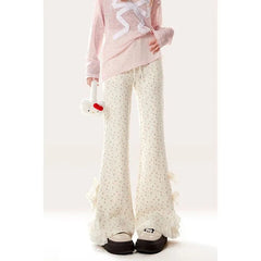 Bow Lace Floral Trousers for Women in Spring and Autumn New Casual Trousers Slim Pants for Daily Korean voguable