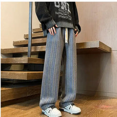 Voguable All Match Thick Loose Straight Leg Pants with Autumn and Winter Stripes Woolen Drape Casual Casual Pants Men's Retro Pants voguable