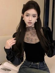Lace Patchwork Women T Shirt Autumn Sweet Puff Sleeve Slim Crop Tops Female Half Turtleneck Splicing Casual Bottoming Tees voguable
