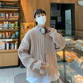 Male Cardigan Loose Knitted Coats Warm Korean Fashion Harajuku Sweater Mens Vintage Long Sleeved Color Blocked Jacket voguable