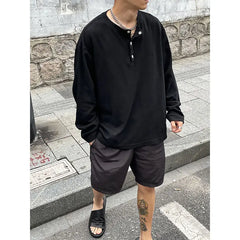 Large Size Men Clothing Textured Pleated Oversized T Shirt Men Button Placket Pullover Henley Collar Loose Long Sleeve T Shirts voguable