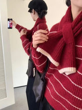 Women's Striped Sweater with Scarf Chunky Knit Loose-fit V-Neck Pullover Striped Jumper Ladies Autumn Winter Classic Chic Outfit voguable