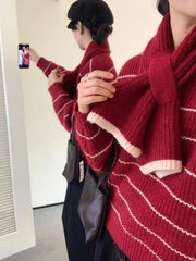 Women's Striped Sweater with Scarf Chunky Knit Loose-fit V-Neck Pullover Striped Jumper Ladies Autumn Winter Classic Chic Outfit voguable