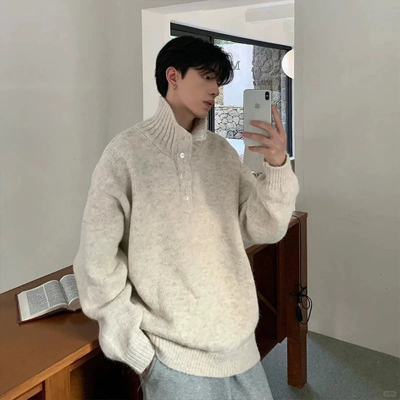 Korean Fashion Men Henry Sweaters Light Luxury Solid Color Long Sleeve Knitwear Premium Quality Button-down Knit Pullover M-3XL voguable