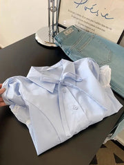 Casual Sweet Blue Shirt Women Cute Lace Patchwork Bow Blouse Vintage French Preppy Style Short Sleeve Elegant Kawaii Tops voguable