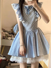 Cute Sweet Blue Plaid Dress Women Elegant 3D Floral Flying Sleeve Mini Dress Japan Vintage Slim Kawaii Lace Patchwork Dress voguable