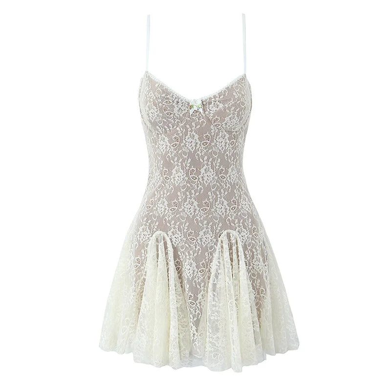 New Fashion Women Spaghetti Straps Lace Sexy Dresses Black Beige Backless Hollow Out A-line Mini Dress Night Out Robe voguable