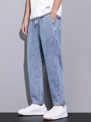 Voguable Men's Straight-Leg Jeans with Adjustable Drawstring Waist, Made of Breathable and Soft Fabric, Loose Casual Style. voguable