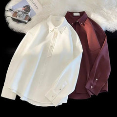 Voguable White & Burgundy Lapel Shirt, Loose Fit Daily Office Men's Clothing Versatile Basic Top Long Sleeve Men's Shirts voguable
