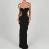 Metal Shell Spaghetti Strap Women Dress Orange Patchwork Hollow Out Maxi Dress Female Skinny Elegant Party Clubwear voguable