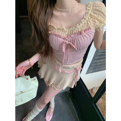 Voguable 2024 Summer New Korean Contrast Color Lace Patchwork Pleated Casual Short-sleeved T-shirt Women + Sexy Slim Skirt Two-piece Suit voguable