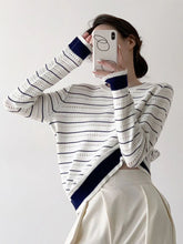 Vintage Elegant Striped Sweaters Women Loose O Neck Hollow Out Knitted Pullover French Retro Long Sleeve Casual Jumper Tops voguable