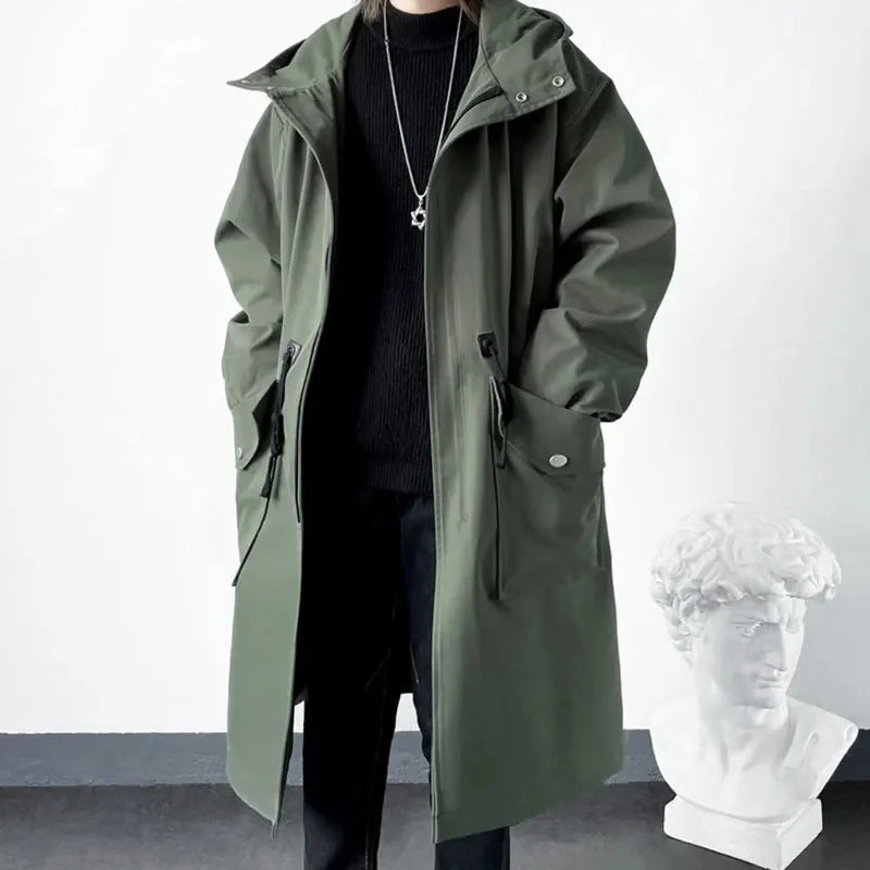 2023 Spring Autumn Army Green Windbreaker Fashion Men Mid-length Casual Hooded Coat Men Daily High Street Overcoat Male Clothes voguable