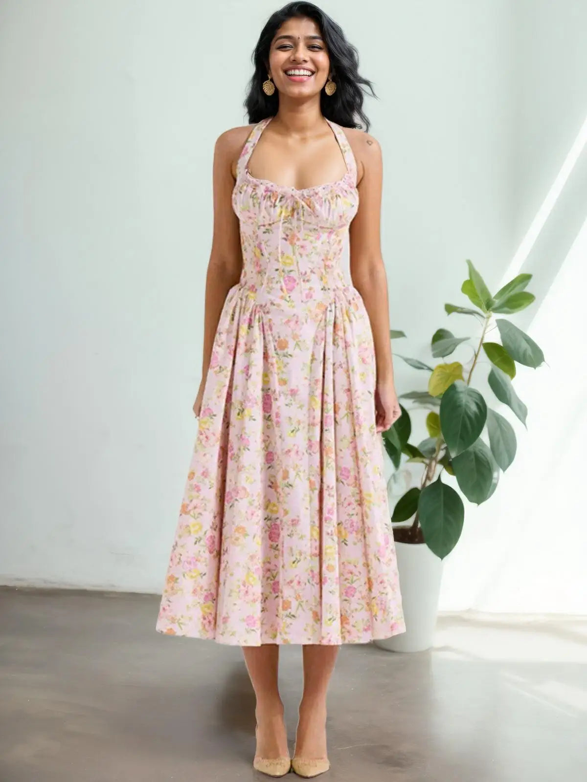 Lace Trim Floral Print Halter Dress For Women Sexy Backless Low Waist Midi Summer Dresses Holiday Party Robe