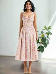 Lace Trim Floral Print Halter Dress For Women Sexy Backless Low Waist Midi Summer Dresses Holiday Party Robe