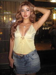 Sexy Mesh Patchwork Camisole Women Shirring Low-Neck Backless Tank Tops Hottie Street Versatile Trend Classic Outfits voguable