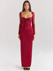 Backless Long Sleeve Sexy Maxi Dress For Women Solid Square Collar Lace-up Back Split Bodycon Club Long Dress Elegant voguable