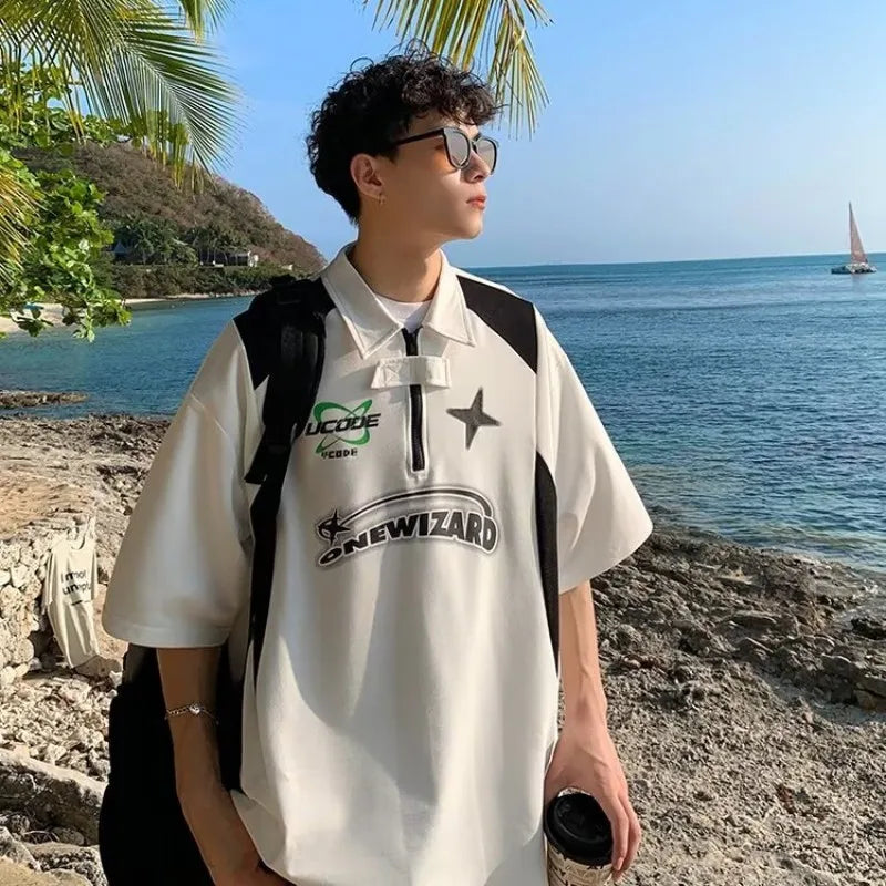 American Retro Short Sleeved Y2k Motorcycle Style Polo Collar Simple Versatile Loose Vintage Summer Couple T-shirt Casual Top voguable