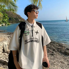 American Retro Short Sleeved Y2k Motorcycle Style Polo Collar Simple Versatile Loose Vintage Summer Couple T-shirt Casual Top voguable