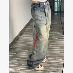 American hip-hop retro jeans for men and women loose and trendy straight leg striped patchwork casual washed wide leg pants