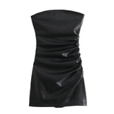 Voguable Sexy Women Strapless Black Faux Leather Draped Dresses Party voguable