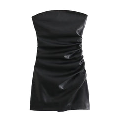 Voguable Sexy Women Strapless Black Faux Leather Draped Dresses Party voguable