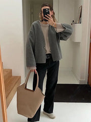 Women Casual Grey Single Button Woolen Cardigan Coat Long Sleeve V Neck Loose Jacket Autumn Winter Female High Street Outerwear voguable