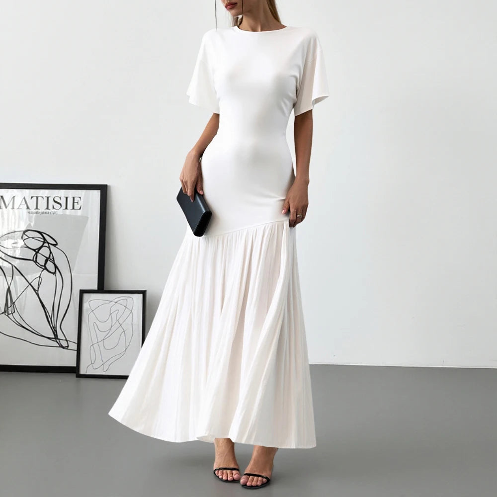 Dresses Spring Summer Simple Elegant Solid Color Short Sleeve Round-Neck Maxi Party Lettuce Trim Dresses For Women voguable