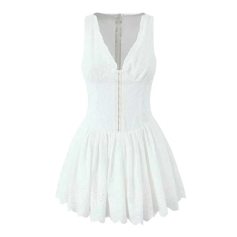 New Women Hollow Out Embroidery White Tank Dress Sleeveless V Neck Low Waist A-line Mini Dresses Summer Cotton Robe voguable