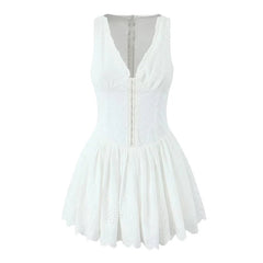 New Women Hollow Out Embroidery White Tank Dress Sleeveless V Neck Low Waist A-line Mini Dresses Summer Cotton Robe voguable