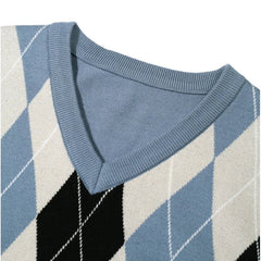 New Japanese Retro Men Sweater Luxury Trendy Plaid Patchwork V Neck Knit Solid Color Pullover Leisure Loose Long Sleeve Knitwear voguable