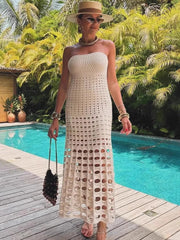 Strapless Off-shoulder Hollow Out Knit Maxi Dress For Women Gown Fashion Sleeveless Backless Beach Skinny Long Dress voguable