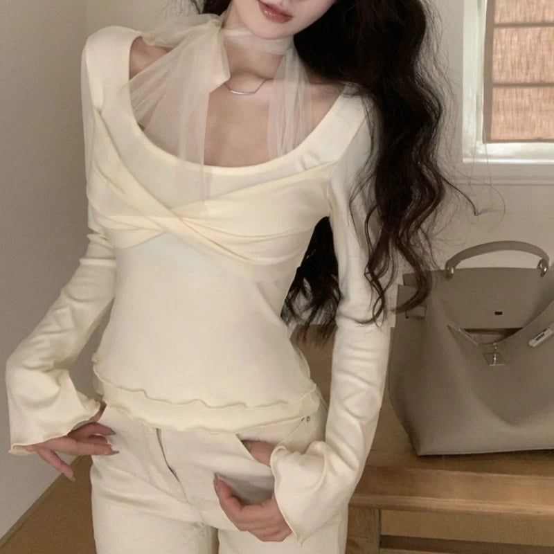 Voguable Vintage Mesh Splicing Pleated Casual Long-sleeved T-shirt Women 2024 Spring New Streetwear Sexy Slim Lace-up Halter Tops voguable