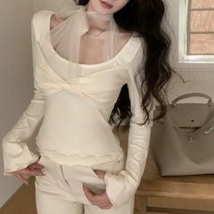 Voguable Vintage Mesh Splicing Pleated Casual Long-sleeved T-shirt Women 2024 Spring New Streetwear Sexy Slim Lace-up Halter Tops voguable