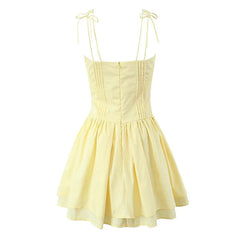 YENKYE 2025 Women Yellow White Lace Up Spaghetti Straps Dress Sexy Sleeveless Low Waist A-line Mini Summer Dresses Party Robe voguable