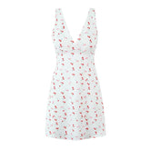 YENKYE Summer Women Sexy Backless Cherry Printed Tank Dress Sleeveless V Neck A-line Holiday Short Dresses French Style Robe voguable