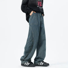 Patchwork style Men's Baggy Straight Jeans Personality unisex Fashion Korean High Street Denim Pants Streetwear Male Trousers