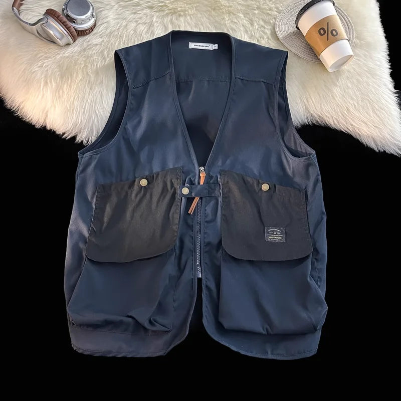 Voguable Japanese Men's Autumn New Patchwork V-neck Zippered Pocket Fashion Solid Colo Loose Sports Versatile Sleeveless Vest Jacket voguable