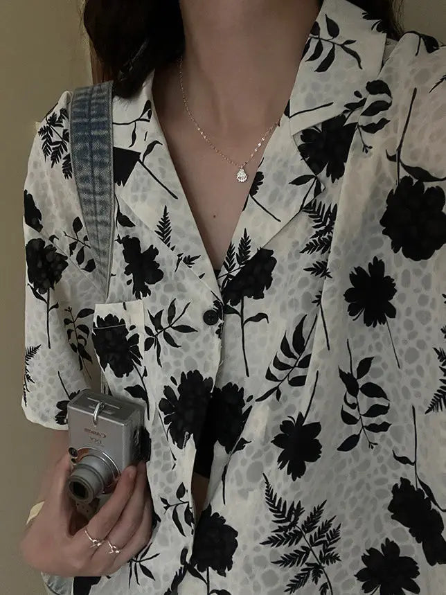 Retro loose casual temperament printed short-sleeved shirt for women in summer lazy slim versatile floral shirt casual y2k tops voguable