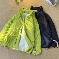 Winter Warm Corduroy Parkas Women Y2K Korean Streetwear Solid Stand Collar Puffer Jacket Bf Loose Preppy Zipper Fluffy Outwear voguable