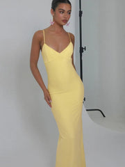 Spaghetti Strap Backless Sexy Maxi Dress For Women Gown Summer New Yellow Sleeveless Bodycon Long Dress Vestido voguable